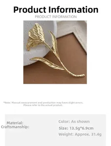 Detailed size specifications and material info for the 13.5cm golden tulip brooch