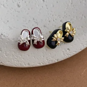 Mary Jane Schoen Oorknopjes Met Metalen Strik Mode Luxe Emaille Oorbellen Legering Strass Sieraden Voor Vrouwen