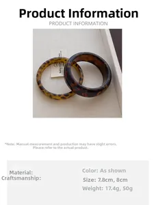 Detailed size information for wide leopard print resin bangle with diameter and weight