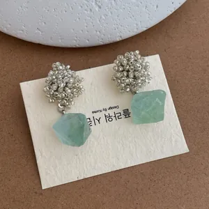 Natural Stone Dangle Earrings With 925 Sterling Silver Earring Post Light Green Fluorite Jewelry For Women