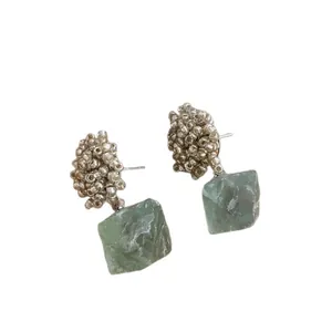 Handcrafted silver beaded earrings with natural light green gemstone pendants for women