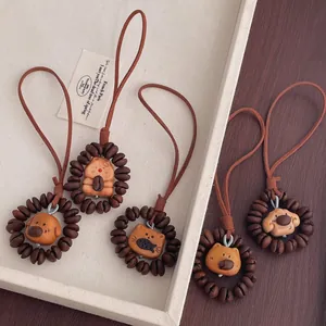 Handmade Wooden Cartoon Animal Coffee Bean Keychain Pendant Bag Charm For Women Car Keyring Cute Bear Dog Cat Rabbit Hanging Ornament Gift