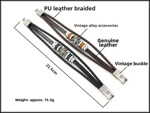 Détail de bracelets punk avec croix en cuir noir et marron, avec marquage de 21,5 cm