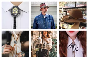 Collage von Vintage-Western-Boloties mit Türkis und geprägten Anhängern auf gewebtem Leder