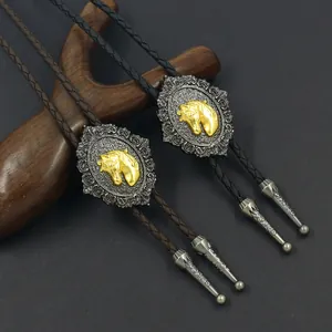 Vintage Western Cowboy Bolo Krawatte Retro Zinklegierung Gold Pferd Stierkopf Anhänger PU Leder Geflochtene Kordel Verstellbare Halskette