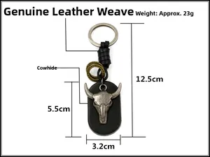 Detail view of punk leather keychain with bull skull pendant and size measurements