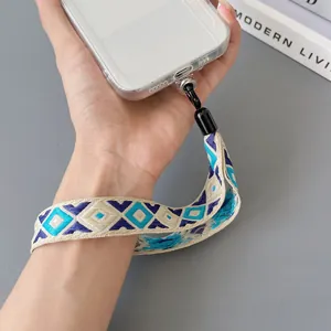 Detail van de blauw-wit geweven polsband bevestigd aan een transparant hoesje