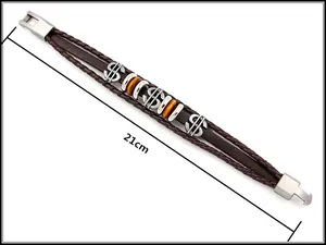 Detail of a 21cm brown woven leather bracelet featuring silver dollar signs and tiger eye beads