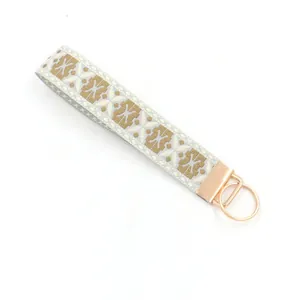 Detalle de un llavero de pulsera jacquard de 25mm con patrón geométrico y aro metálico