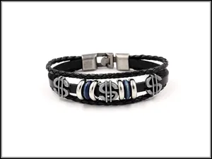 Detail of multi-layer black leather bracelet featuring vintage metal dollar sign charms