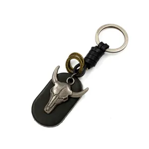 Vintage punk steer skull alloy leather keychain with rustic bull head charm pendant