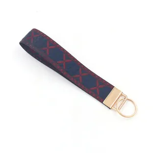 Detalle del llavero de jacquard de 25mm con patrón geométrico azul rojo y cierre dorado