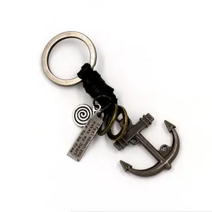 Vintage Zinc Alloy Anchor Pendant Keychain With Braided Cowhide Leather Rope Engraved Metal Plate Key Ring Accessories