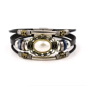 Bohemian multi-layer black leather bracelet with oval white pearl and bronze accents