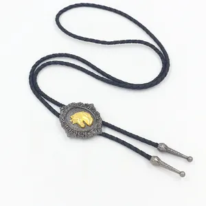 Vintage Western-Bolo-Tie mit goldenem Pferdesymbol und geflochtener schwarzer Lederkordel