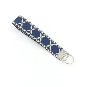 Detalle de la correa llavero bordada en jacquard azul y blanco de 25 mm de ancho