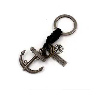 Vintage zinc alloy anchor keychain with engraved inspirational tag and leather detail