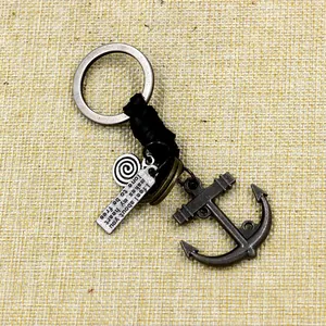 Vintage zinc alloy anchor keychain with black leather wrap and engraved metal tag