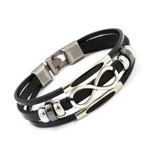 Black multilayer leather bracelet with silver infinity symbol and metallic beads charm