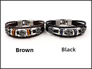 Detail view of woven leather bracelets with dollar sign charm and metallic plug closure