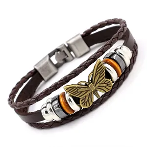 Retro meerlaagse gevlochten lederen armband met antieke bronzen vlinder hanger en kralen