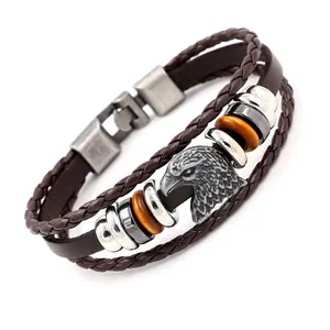 Bracelet multicouche en cuir vintage avec charme d'aigle et perles en métal rustique