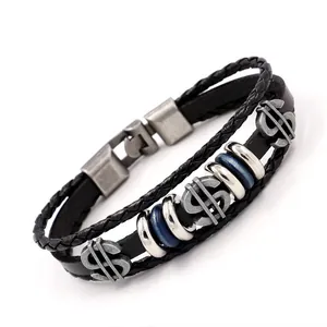 Retro multi-layer braided leather bracelet featuring silver dollar sign alloy charms