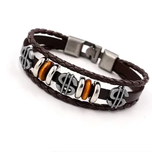 Retro multi-layer leather bracelet with dollar sign charms and woven punk style bands