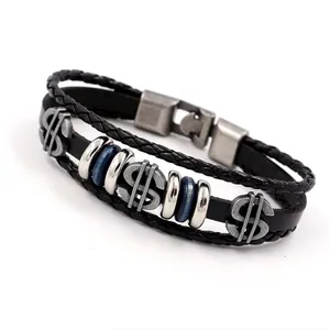 Men's multilayer leather bracelet with silver dollar sign charms and braided black cord