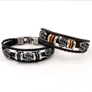 Handmade retro multilayer leather bracelets with punk dollar sign and metal clasp