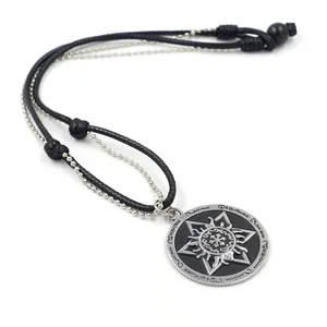 Retro punk hexagram sun pendant necklace with black woven rope for men in silver finish