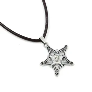 Retro star pendant necklace for men featuring silver star charm with center crystal on leather cord