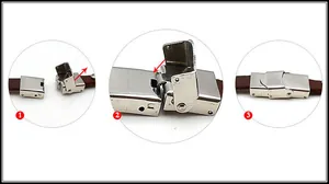 Three-step guide for brown leather bracelet with silver stainless steel folding clasp