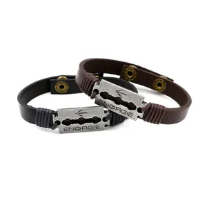 Bracelets larges en cuir rétro avec plaque en métal et gravure Energie en noir et brun