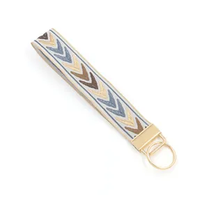 Detail of bohemian embroidered wristlet keychain with geometric patterns and golden metal clasp