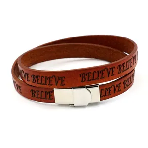 Brown leather wrap bracelet for men and women featuring laser engraved BELIEVE lettering