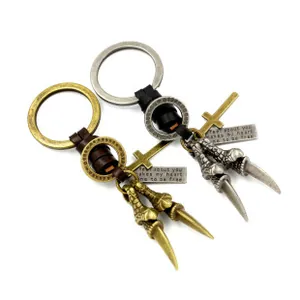 Retro bronze and silver alloy hammer keychains with leather straps and cross charms