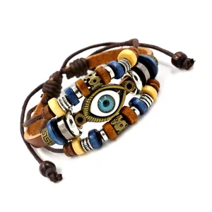 Bracelet multicouche en cuir vintage avec breloque œil protecteur et perles ethniques