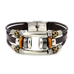 Bracciale multistrato in pelle marrone con pietra occhio di gatto bianca e perle donna