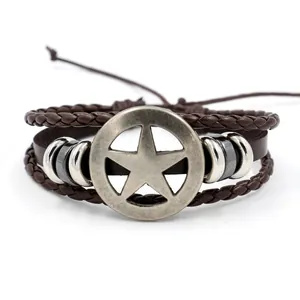 Vintage multilayer leather bracelet with silver-tone pentagram star charm for men's style