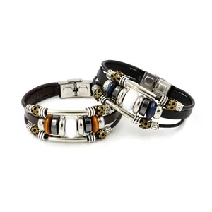 Bracciale multistrato in pelle con perline occhio di gatto e chiusura in acciaio
