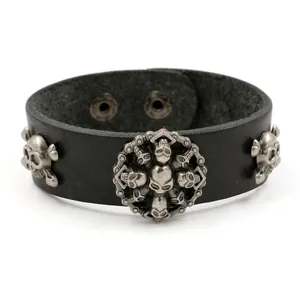 Bracelet large en cuir noir pour homme style punk avec crânes et boutons pression