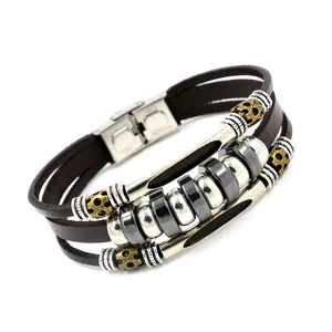 Men's multilayer braided leather bracelet with obsidian beads and stainless steel clasp