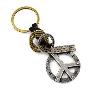 Vintage Metal Peace Sign Keychain Leather Braided Key Ring Bronze Silver Tone Alloy Pendant Key Holder For Men Women