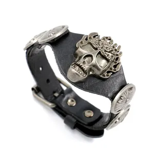 Punk black leather wide bracelet with silver skull crown and vintage metal studs