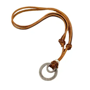 Handmade leather long necklace with vintage nested alloy double circles for sweater styling