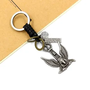 Vintage eagle pendant keychain with woven leather and engraved plate for men
