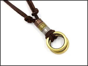 Close-up of industrial retro leather cord necklace with interlocking double rings and metal beads