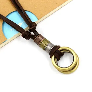 Vintage adjustable cowhide rope necklace with bronze double rings and metallic tube beads