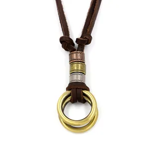 Retro bronze double ring leather necklace for men with adjustable cord and alloy beads